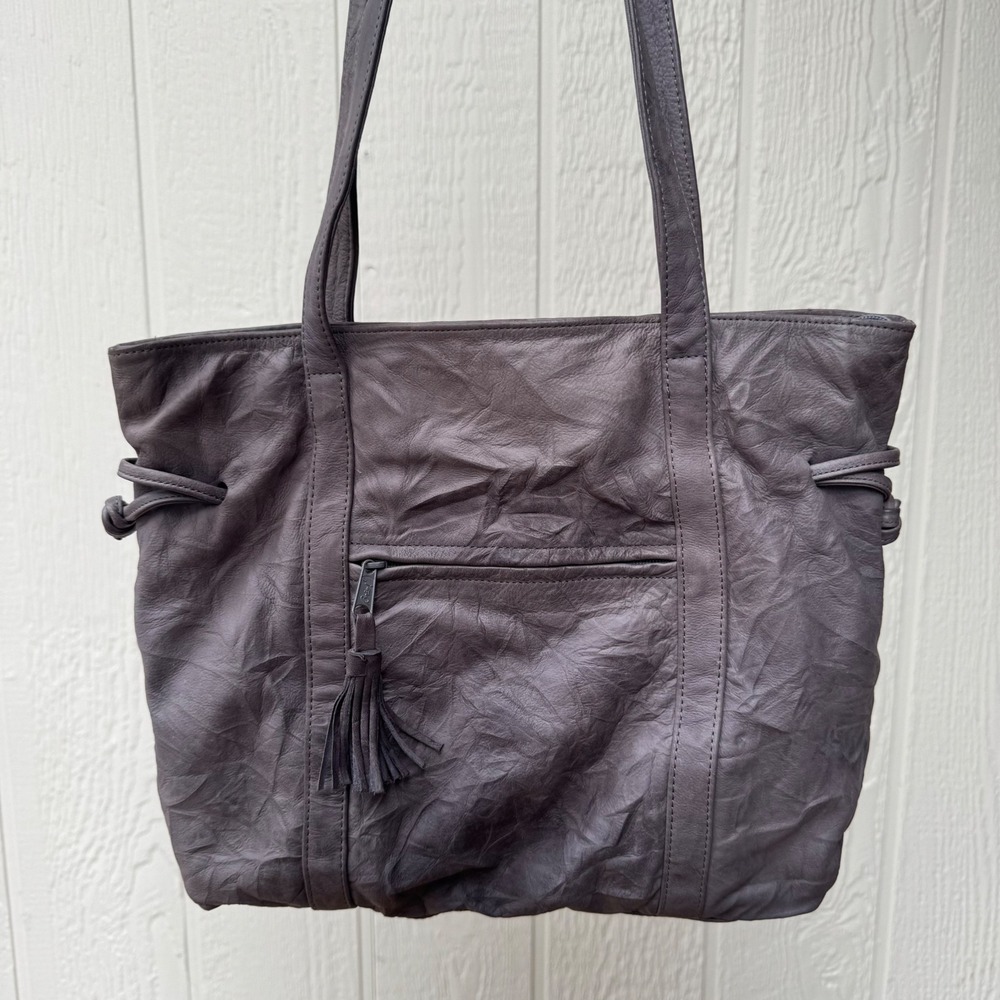 Brio! Women Taupe Grey Textured Leather Tassel Zip Top Large Shoulder Tote Bag